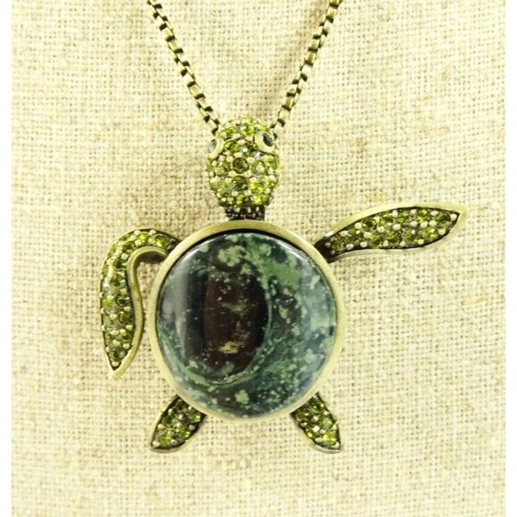 Butler Designer Necklace Turtle Pendant Brooch Combo Green Rhinestones Bling - Picture 5 of 7